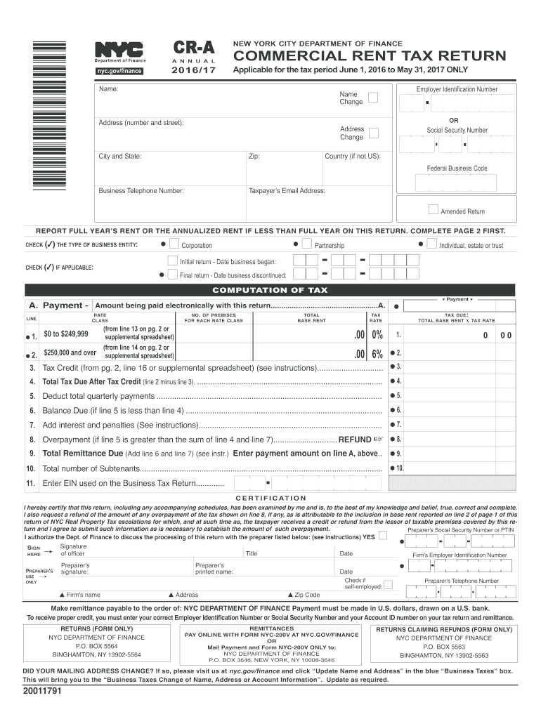  Commercial Rent Return  Form 2016