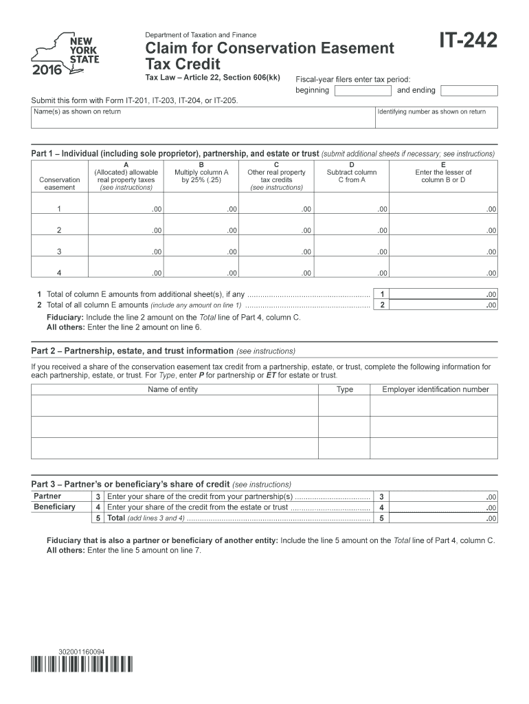  New York Form it 242 Claim for Conservation Easement Tax Credit 2016