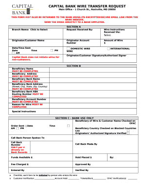 CAPITAL BANK WIRE TRANSFER REQUEST Template  Form