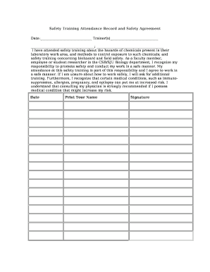 Safety Training Attendance Sheet  Form