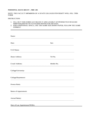Nbc 461 Personal Data Sheet  Form
