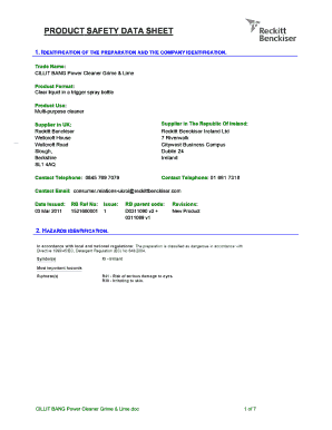 Cillit Bang Limescale Remover Safety Data Sheet  Form