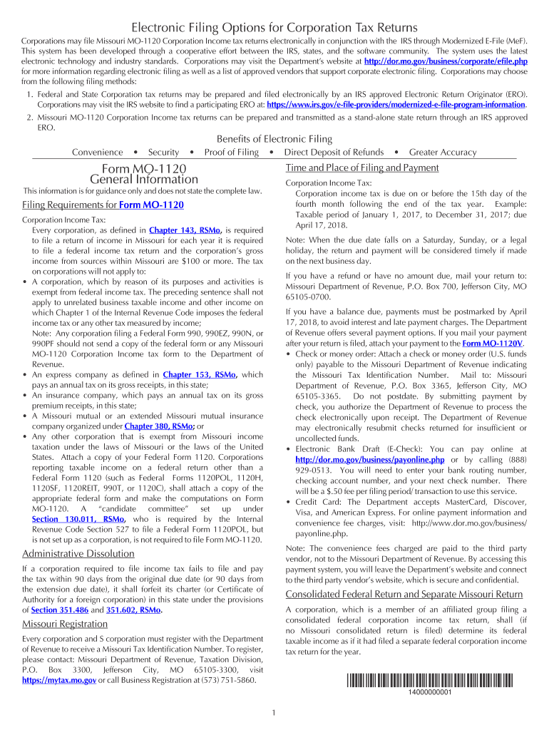  Corporations May File Missouri MO 1120 Corporation Income Tax Returns Electronically in Conjunction with the IRS through Moderni 2017