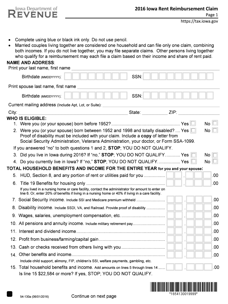  Iowa Rent Rebate  Form 2016