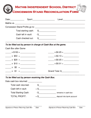 Concession Stand Cash Reconciliation Form