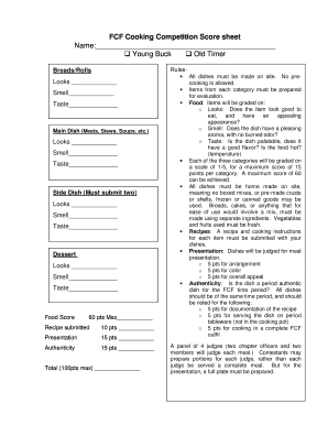 Cooking Contest Score Sheet Template  Form