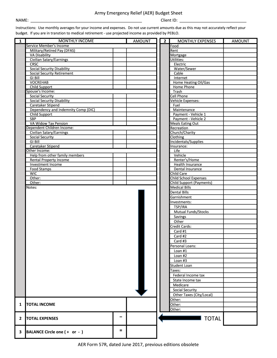  Army Emergency Relief AER Budget Sheet 2017-2024