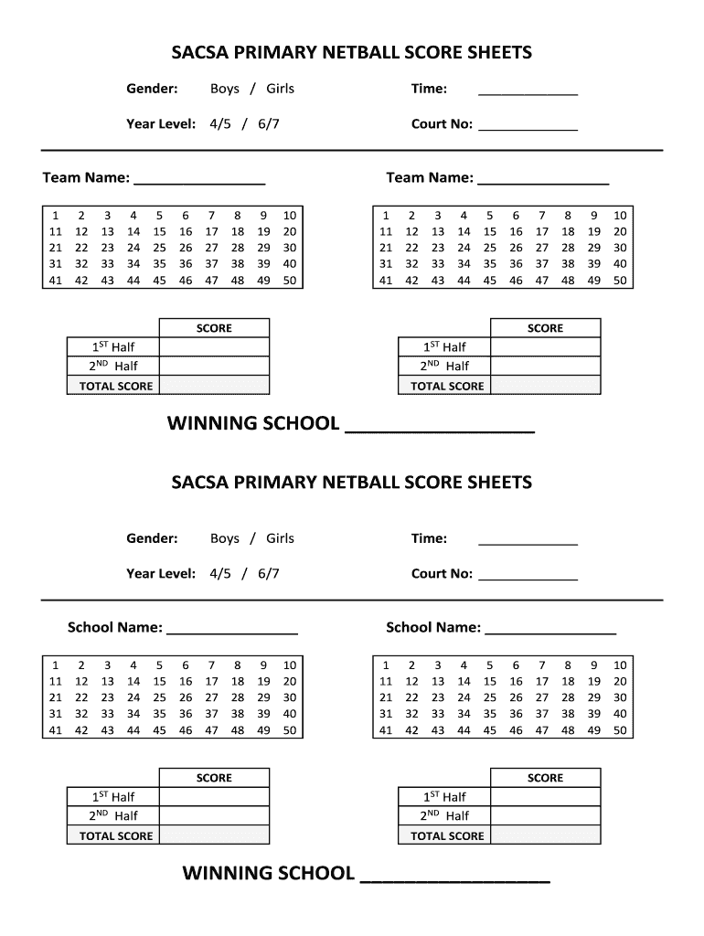 SACSA PRIMARY NETBALL SCORE SHEETS  Form