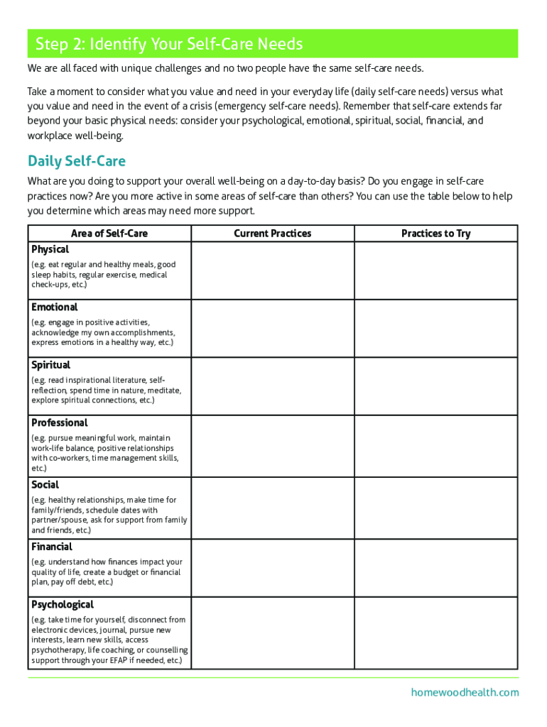 Self Care Plan  Form