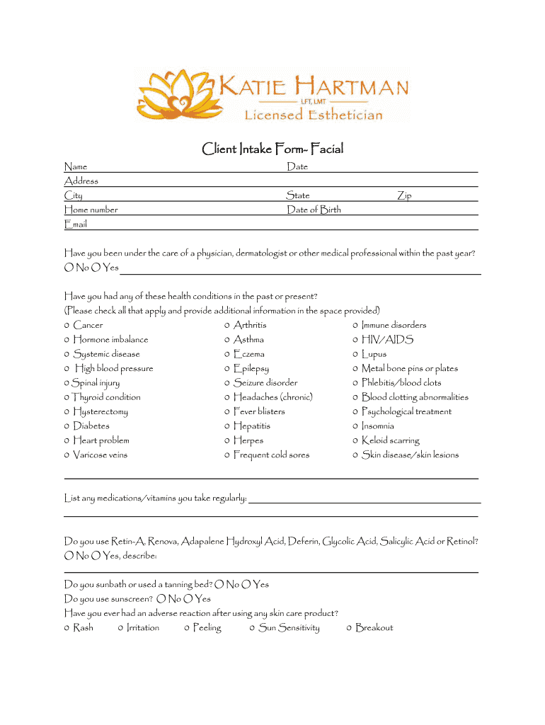 Client Intake Form Facial