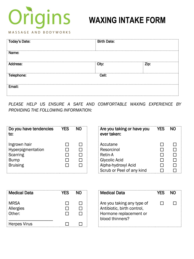 WAXING INTAKE FORM