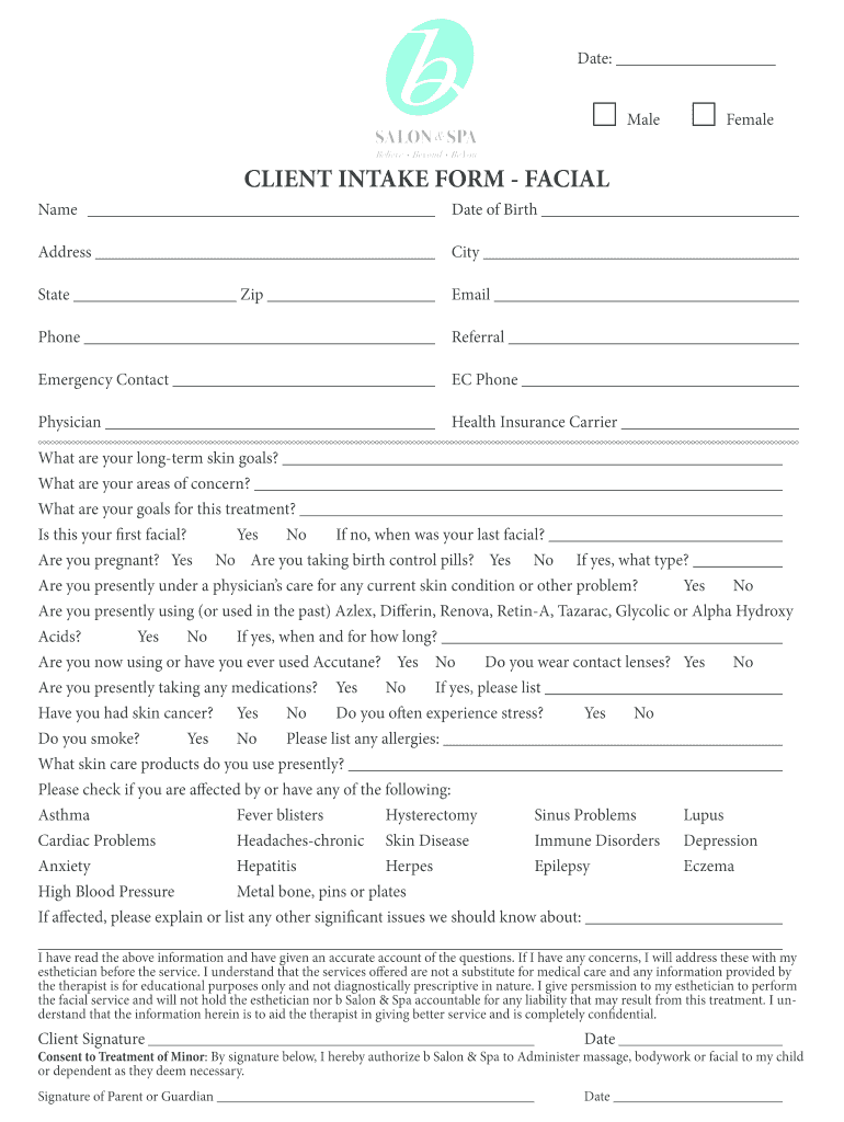 CLIENT INTAKE FORM FACIAL