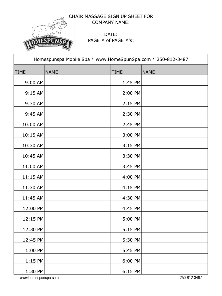 CHAIR MASSAGE SIGN UP SHEET for  Form