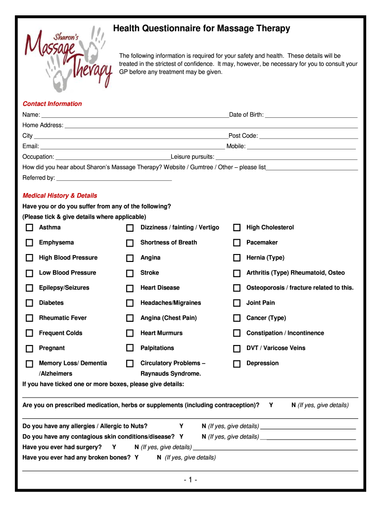 Massage Therapy Health Questionnaire  Form