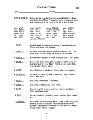 Cooking Terms Worksheet  Form