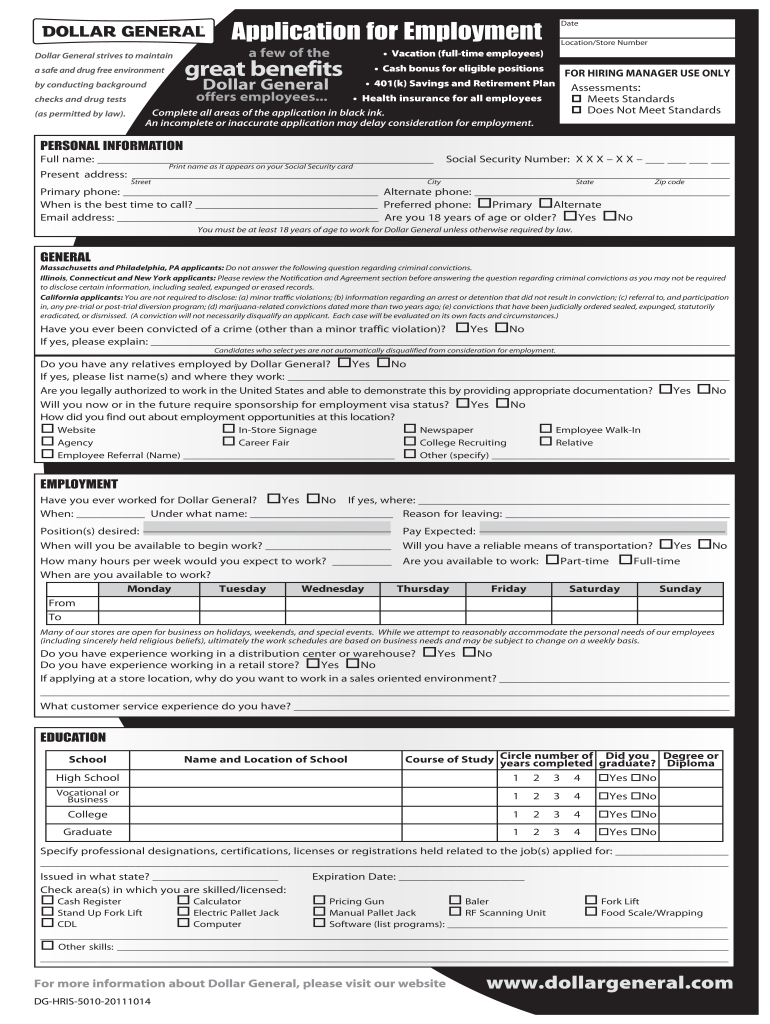 Get and Sign Dollar General Application PDF 2011-2022 Form