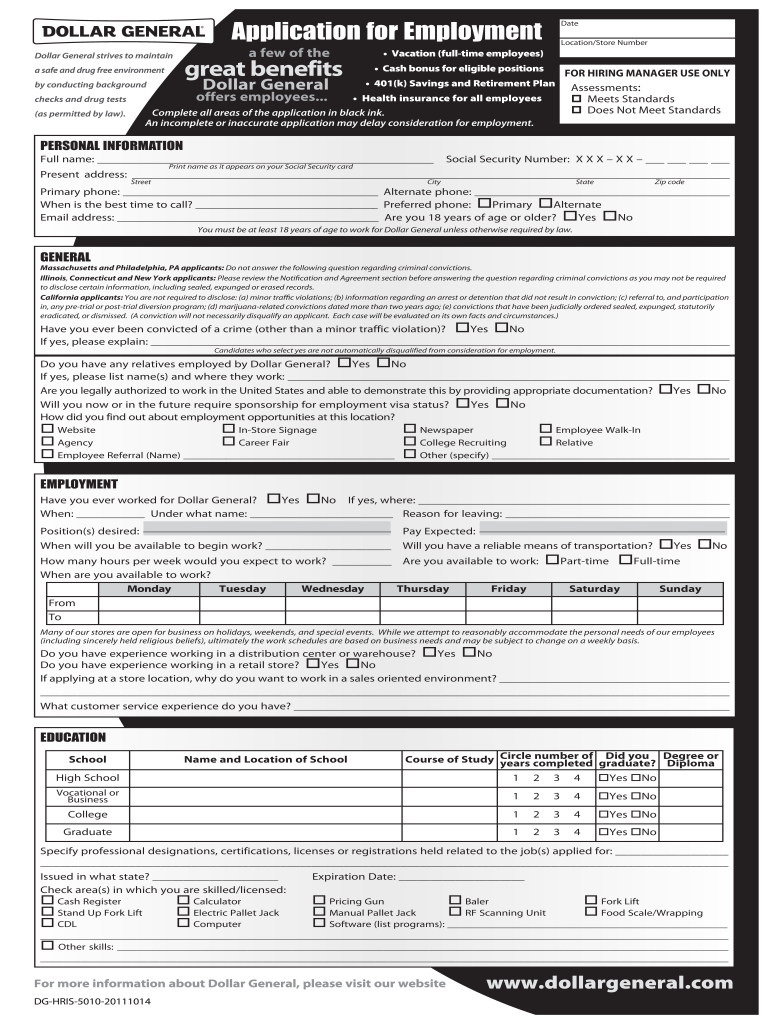  Dollar General Application PDF 2011-2024