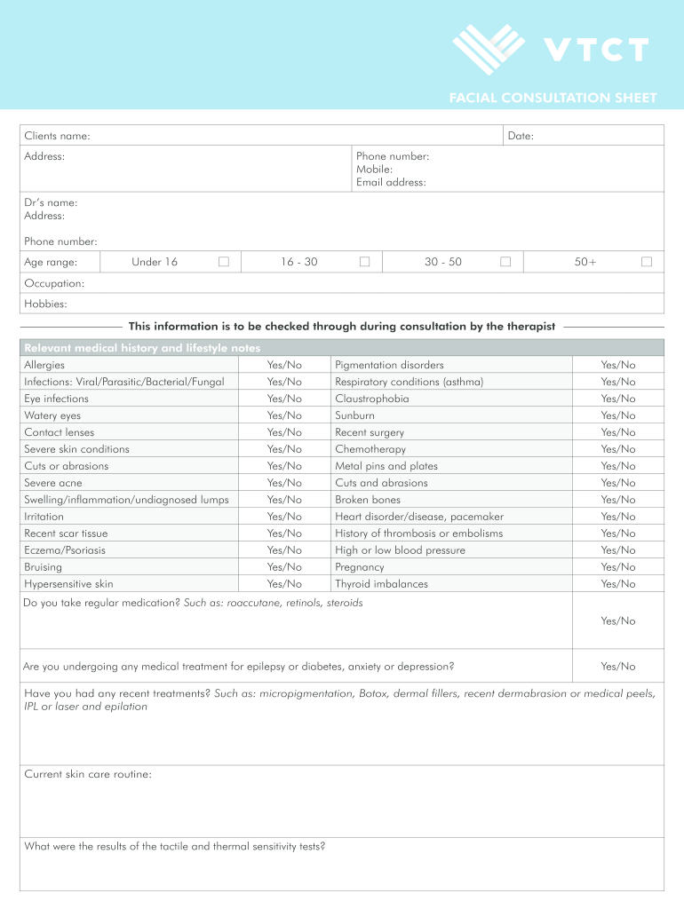 Facial Consultation Sheet Form Fill Out and Sign Printable PDF