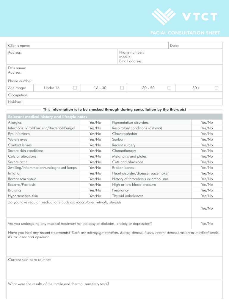 Facial Consultation Sheet  Form