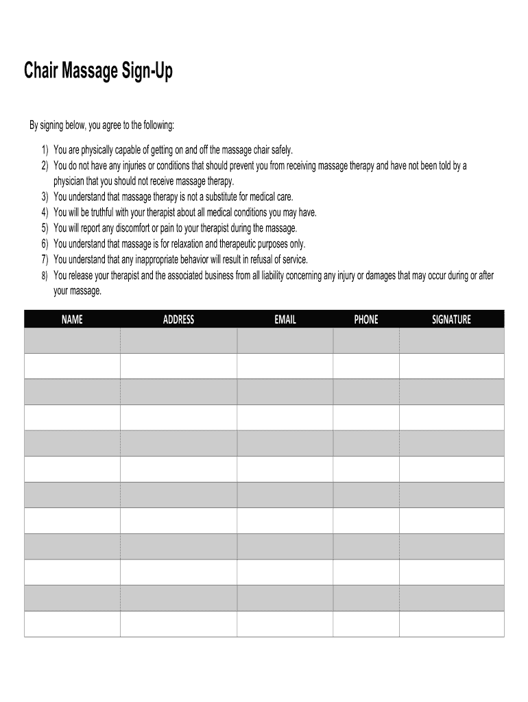 Chair Massage Sign Up  Form
