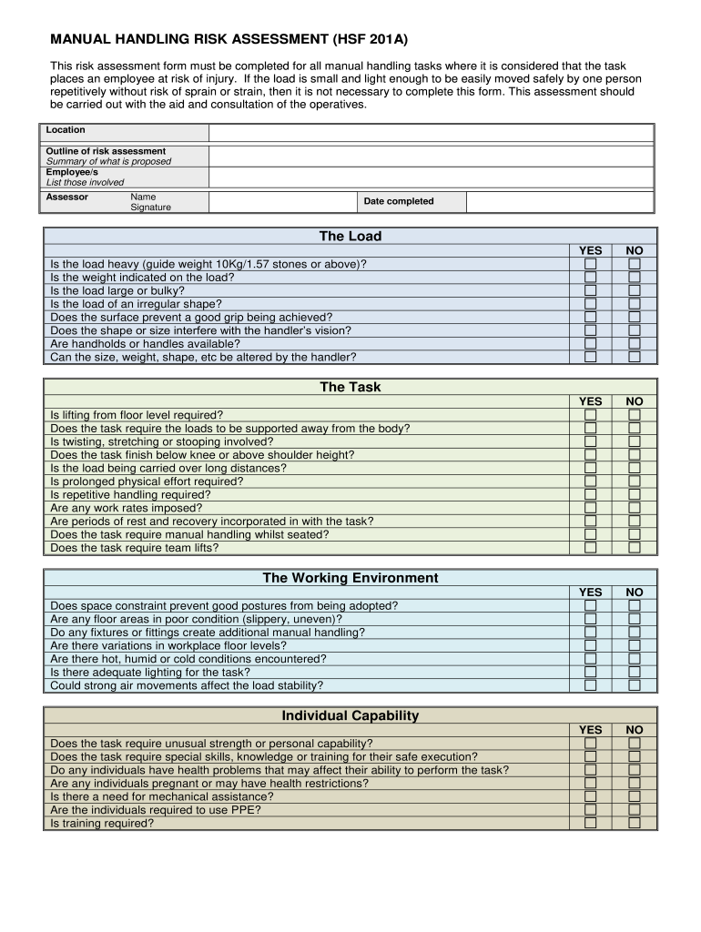 MANUAL HANDLING RISK ASSESSMENT HSF 201A  Form