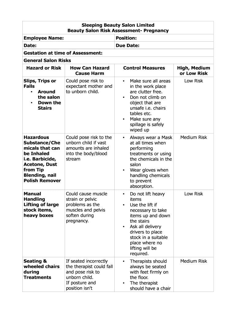 Beauty Salon Risk Assessment Pregnancy  Form