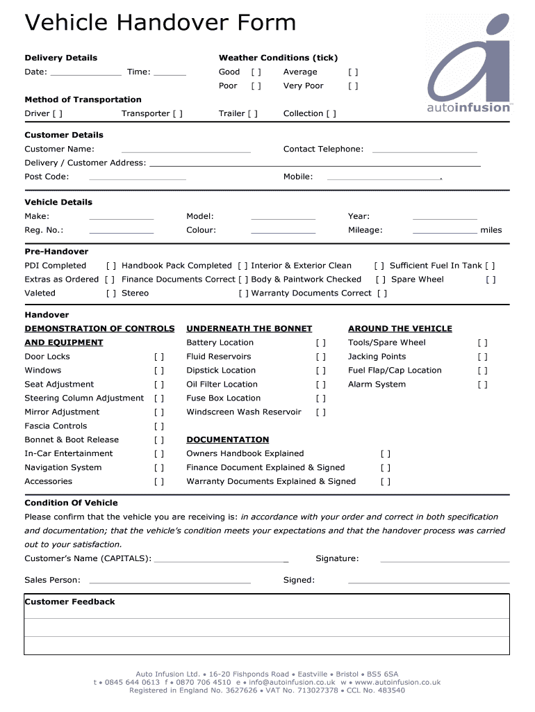 Vehicle Handover Form