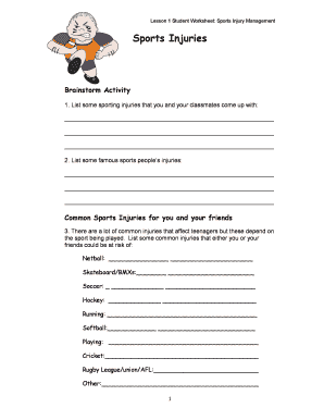 Lesson 1 Student Worksheet Sports Injury Management  Form