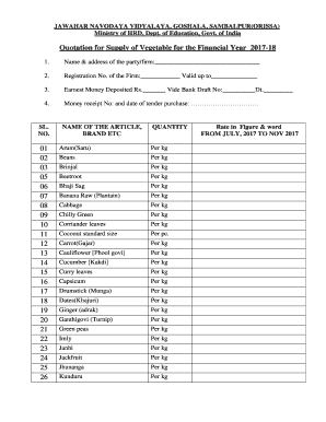 Vegetable Quotation Format