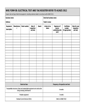 Test and Tag Log Book Template  Form