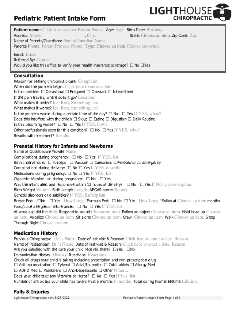 Pediatric Patient Intake Form Consultation Reason