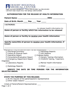 Health Information Management Phone 760 323 6289; Fax 760 323 6201