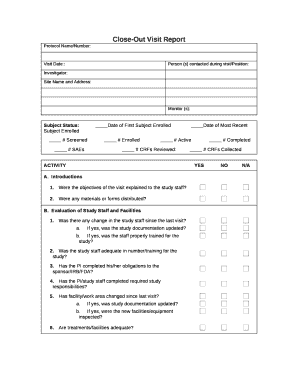 Close Out Visit Report Template  Form