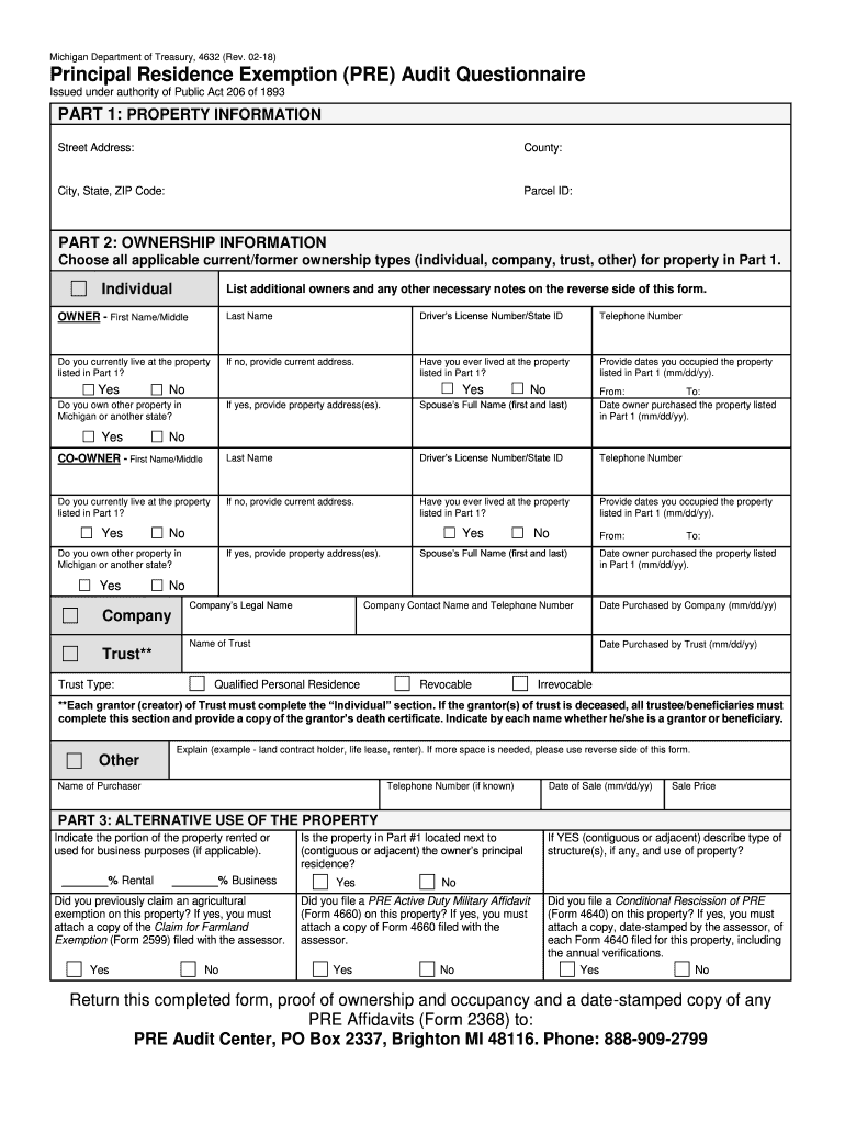  Principal Residence Exemption PRE Audit Questionnaire Principal Residence Exemption PRE Audit Questionnaire 2018