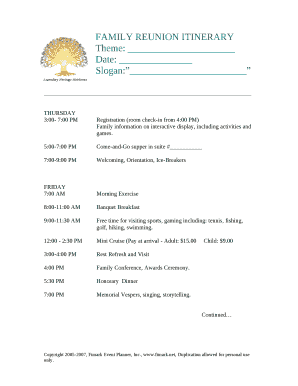 Family Reunion Itinerary Template  Form