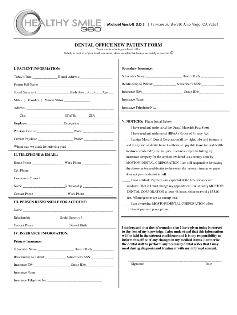  CA Healthy Smile 360 Dental Office New Patient Form 2022-2024