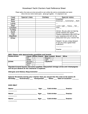 Yacht Food Preference Sheet  Form