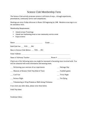 Sample Form to Fill Out Science Club