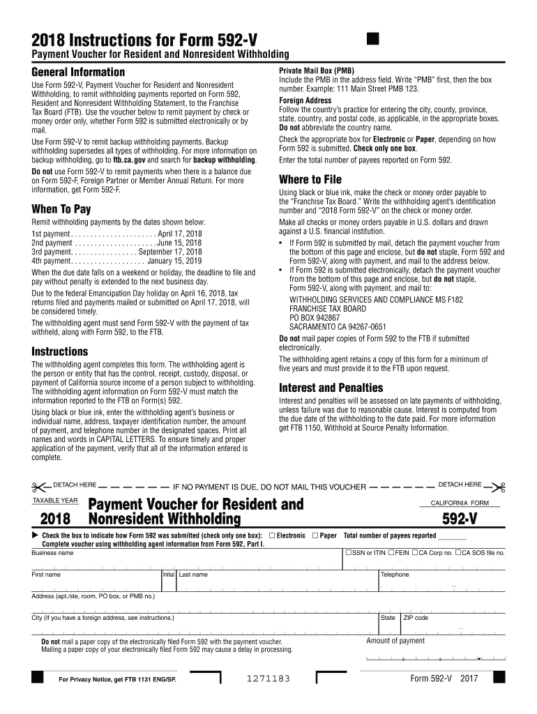  Form 592 V, Payment Voucher for Resident and Nonresident Withholding  Form 592 V, Payment Voucher for Resident and No 2018