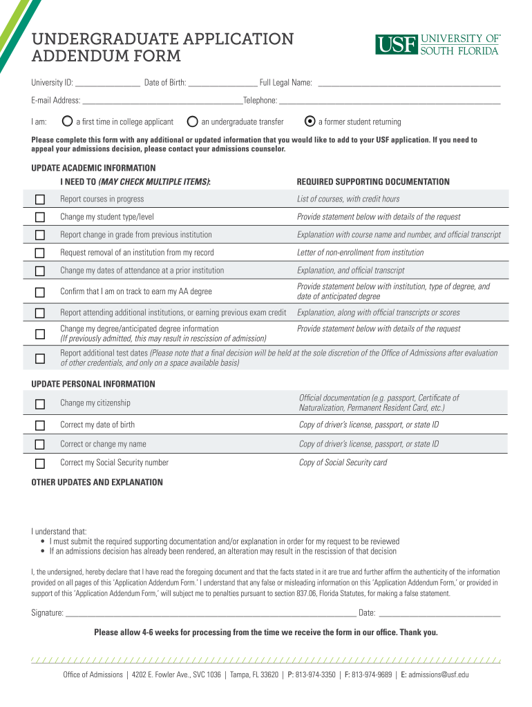  Usf Application Addendum Form 2017-2024