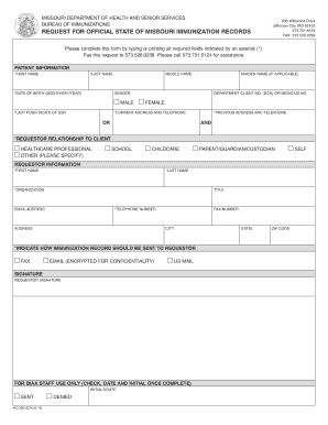 REQUEST for OFFICIAL STATE of MISSOURI IMMUNIZATION RECORDS  Form