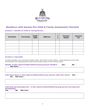 Blackburn with Darwen Pre Child &amp; Family Assessment Checklist  Form