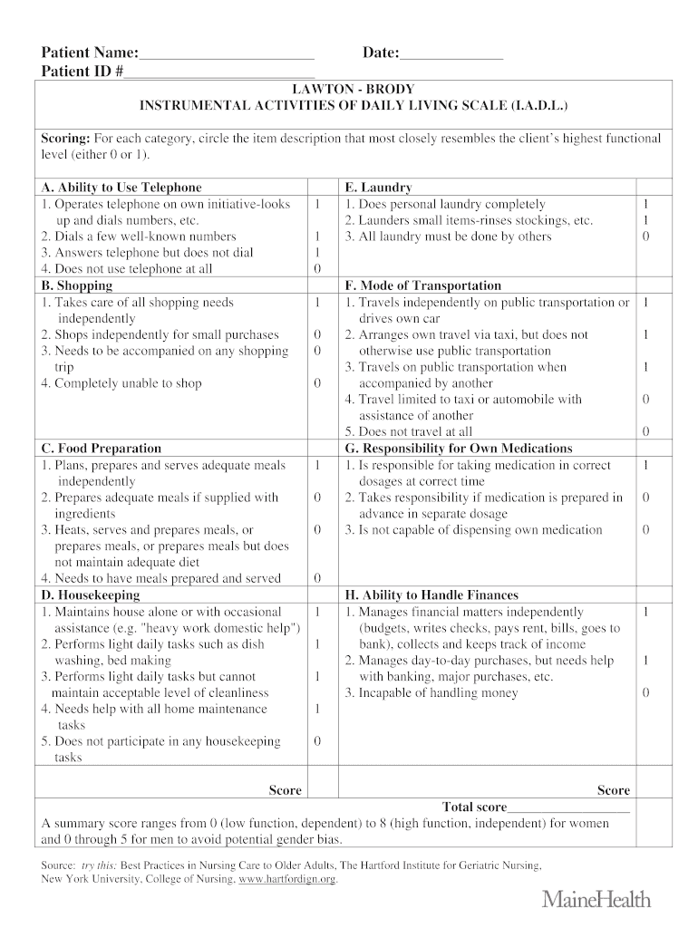 Lawton Instrumental Activities of Daily Living Scale  Form