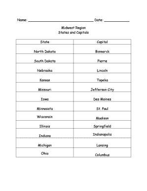 Midwest States and Capitals  Form