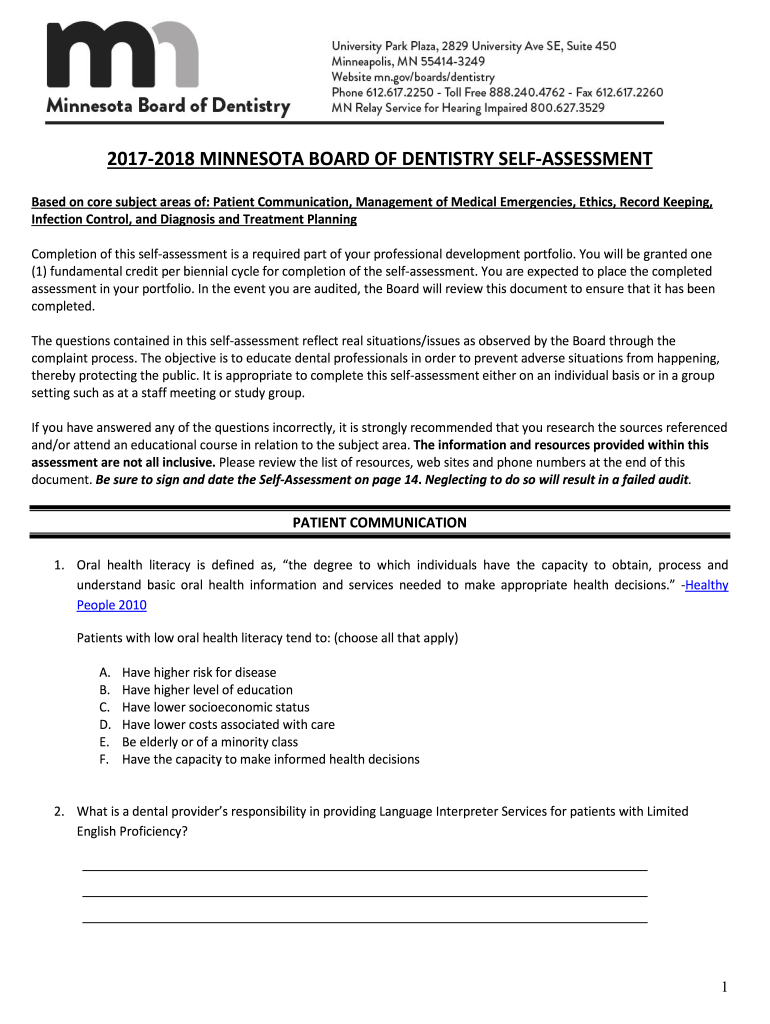 Mn Board of Dentistry Self Assessment  Form