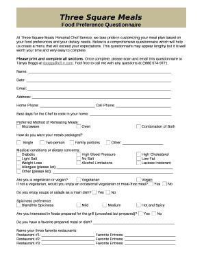 Personal Chef Food Questionnaire  Form