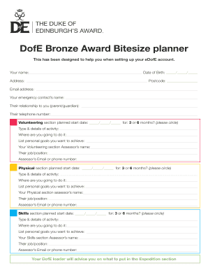 DofE Bronze Award Bitesize Planner  Form