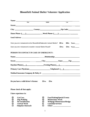 Animal Shelter Volunteer Application Template  Form