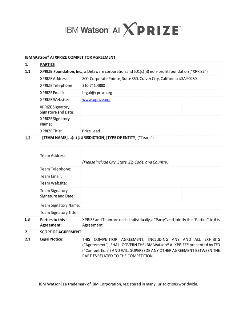 IBM Watson AI XPRIZE COMPETITOR AGREEMENT  Form