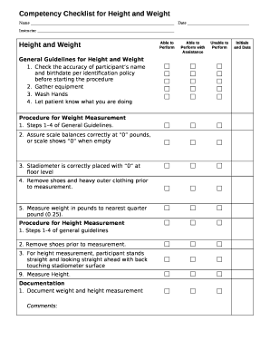 Competency Checklist for Height and Weight  Form